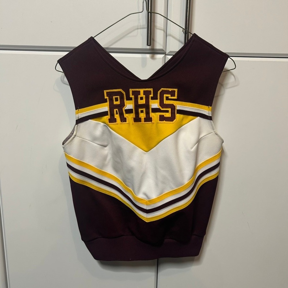 Vintage Dehen RHS Cheerleading Shell Top Burgundy Yellow White Size 34 USA Made
